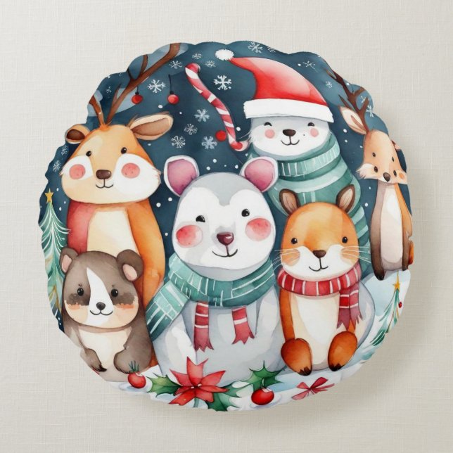 Coussins Ronds Thème de Noël Animaux mignons (Devant)