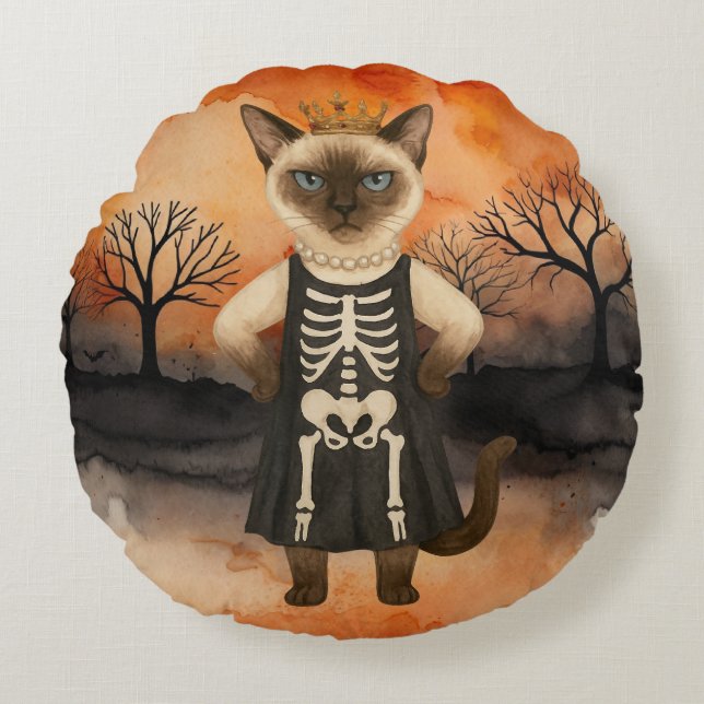 Coussins Ronds Thème Halloween pour les amoureux de chats siamois (Devant)