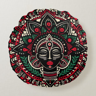 Coussins Ronds Theyyam Spirit Pillow – Vibrant Indian Folk Art