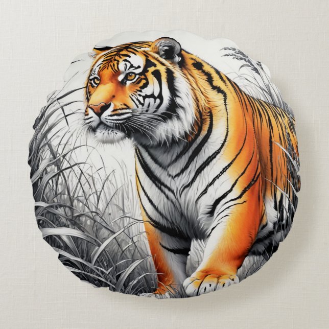 Coussins Ronds Tiger Art Color Partiel noir blanc dessin (Devant)