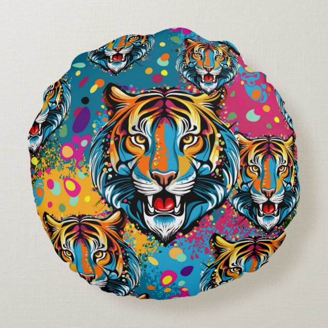 Coussins Ronds Tiger Head Rainbow colors paint stains (Dos)