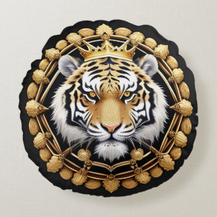 Coussins Ronds Tigre doré avec couronne encadré par de l'or compl