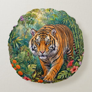 Coussins Ronds Tigre du Bengale Bambou vibrant Jungle