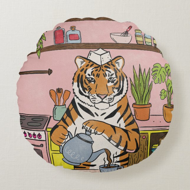 Coussins Ronds Tigre faisant du thé (Devant)
