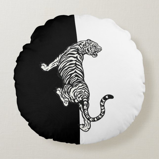 Coussins Ronds Tigre noir blanc (Devant)