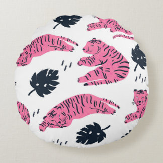 Coussins Ronds Tigre Rose Tropical : Vintage Tiret À Main.