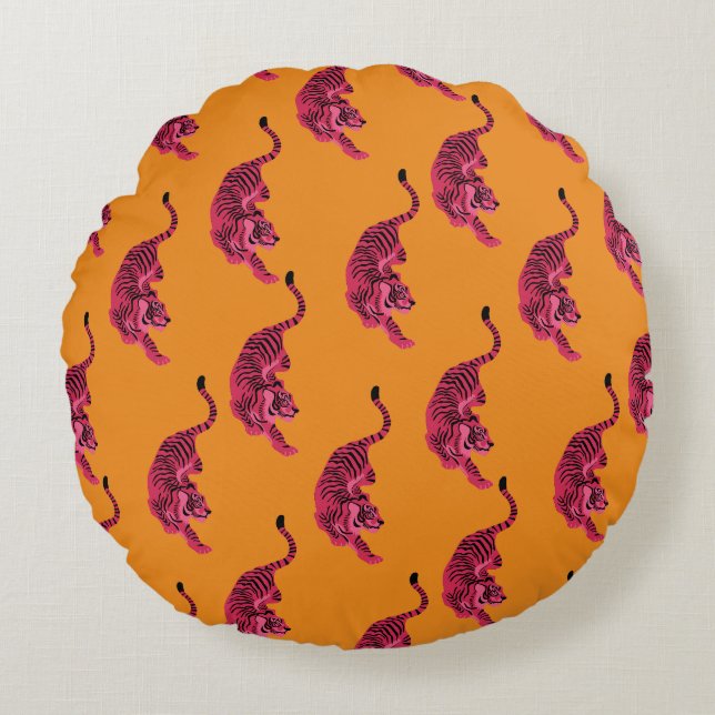 Coussins Ronds Tigre - Rose Vibrant (Devant)