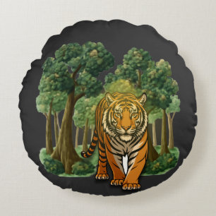 Coussins Ronds « Tigre sauvage dans la forêt – Jungle à la lumièr