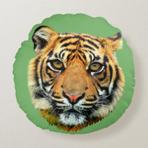 Coussins Ronds Tigre sauvage face d'animal sur fond vert