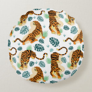 Coussins Ronds Tigres Feuilles tropicaux : Illustration Vintage.