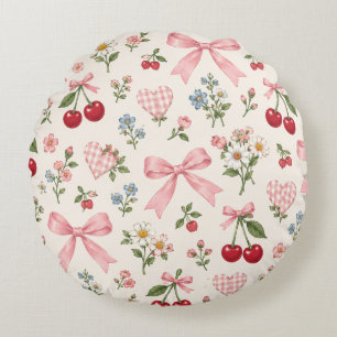 Coussins Ronds Tissu à motif floral à nœud papillon Cerise Vintag