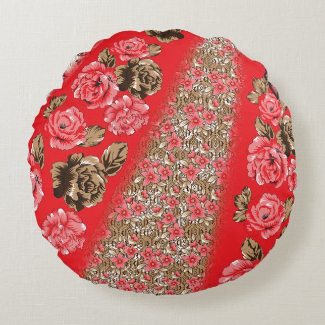 Coussins Ronds Tissu rouge éclatant avec floral complexe et (Devant)