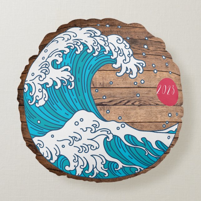 Coussins Ronds Titre rustique Vague et soleil - Nom de l'année pe (Devant)