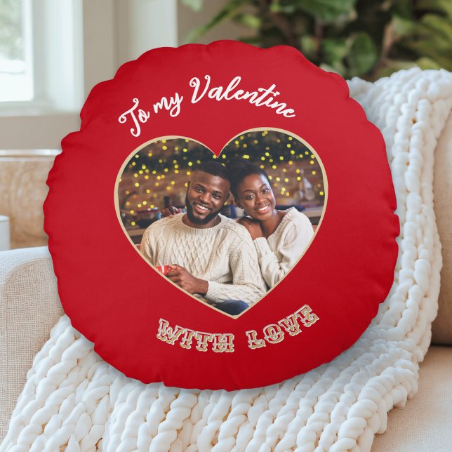 Coussins Ronds To My Valentine | Custom Photo Heart Red (A round pillow in red with custom photo in a heart 'frame' and 'To my Valentine with love' words)