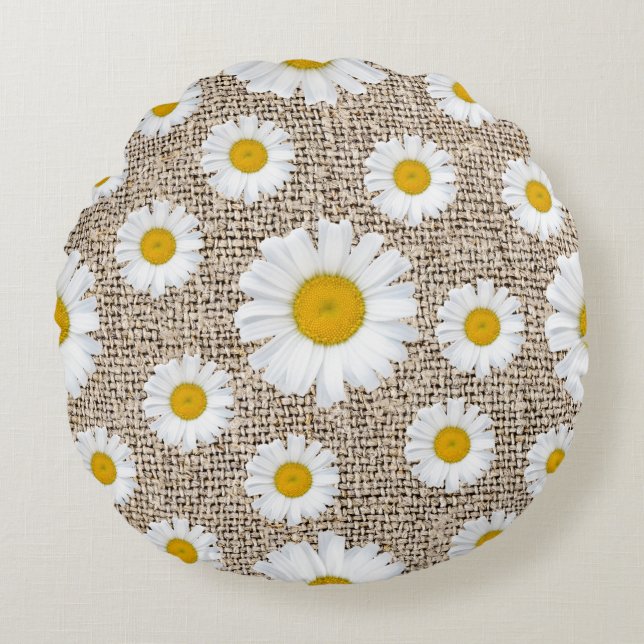 Coussins Ronds Toile de jute Fleur Marguerite Rustique - Fleurs d (Devant)