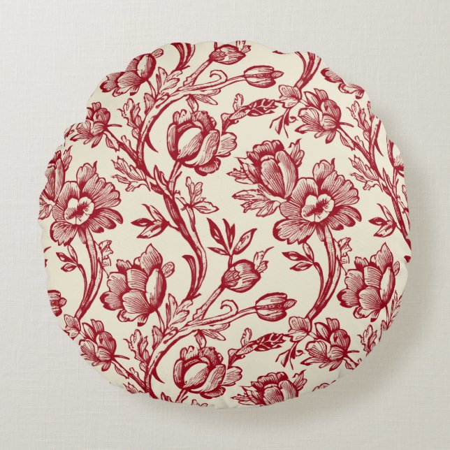 Coussins Ronds Toile de tulipes rouge et crème - Décor champêtre  (Devant)