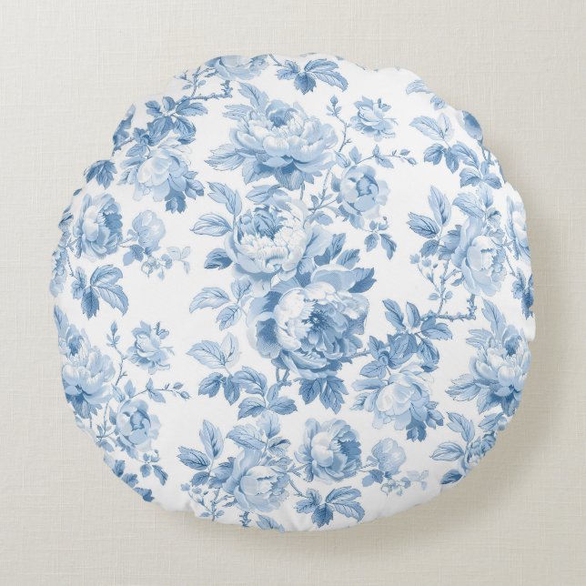 Coussins Ronds Toile Florale Bleue & Blanc (Devant)