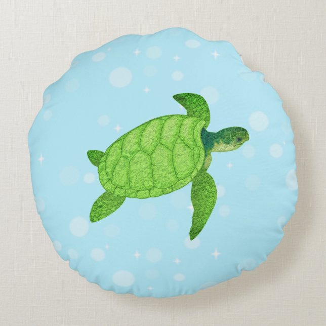 Coussins Ronds Tortue de mer sur fond bleu clair (Dos)
