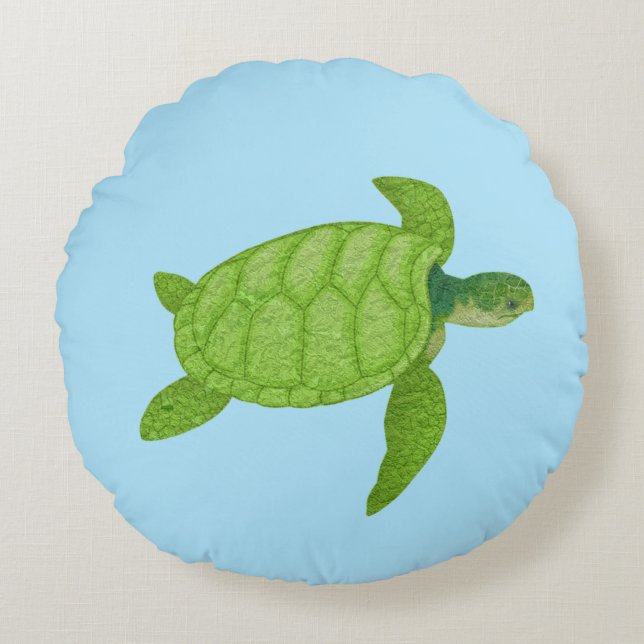 Coussins Ronds Tortue de mer verte sur fond turquoise (Devant)