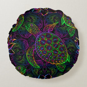 Coussins Ronds Tortue marine dans des couleurs psychédéliques mul