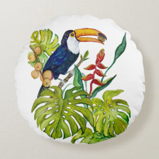 Coussins Ronds Toucan Coloré Aquarelle Oiseau Tropical
