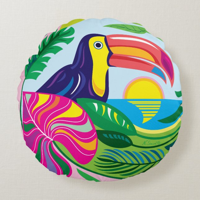 Coussins Ronds Toucan et feuilles tropicales (Devant)
