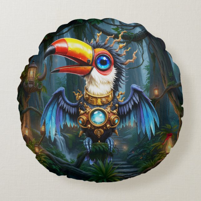 Coussins Ronds Toucan Steampunk au Clair de Lune.  (Devant)