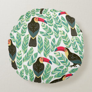 Coussins Ronds Toucans, feuilles tropicaux, motif décoratif.