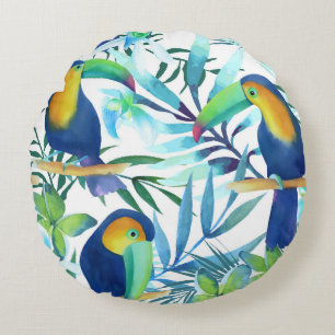 Coussins Ronds Toucans tropicaux : Motif de fleurs exotiques.