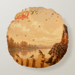 Coussins Ronds Toujours reconnaissante Fille d'automne assise sur