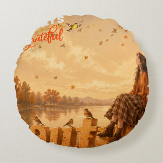 Coussins Ronds Toujours reconnaissante Fille d'automne assise sur