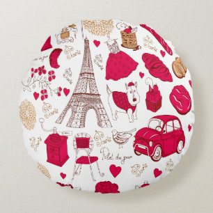Coussins Ronds Tour Eiffel vintage Paris Romance Rose Français