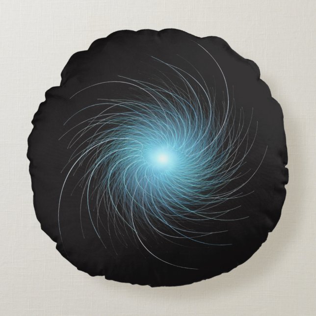 Coussins Ronds Tourbillon fractal bleu sur fond noir (Devant)