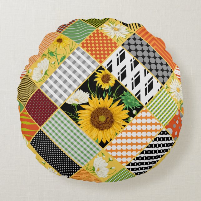 Coussins Ronds Tournesol Chamomile, Patchwork Aquarelle. (Devant)