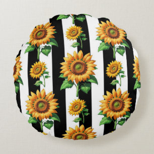 Coussins Ronds Tournesol Floral noir blanc rayures