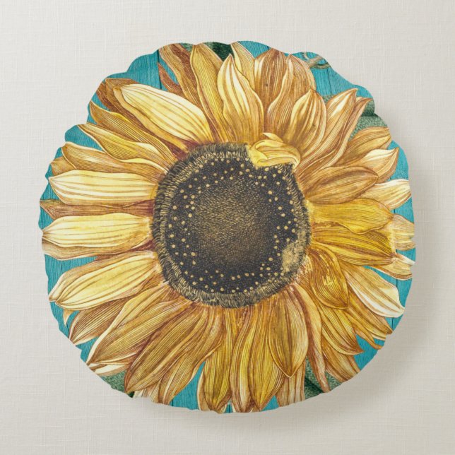 Coussins Ronds Tournesol rustique Turquoise Bleu Grange Bois Cott (Devant)