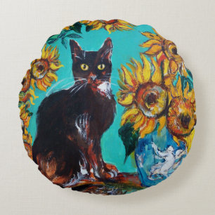 COUSSINS RONDS TOURNESOLS AVEC CHAT NOIR EN TURQUOISE BLEU