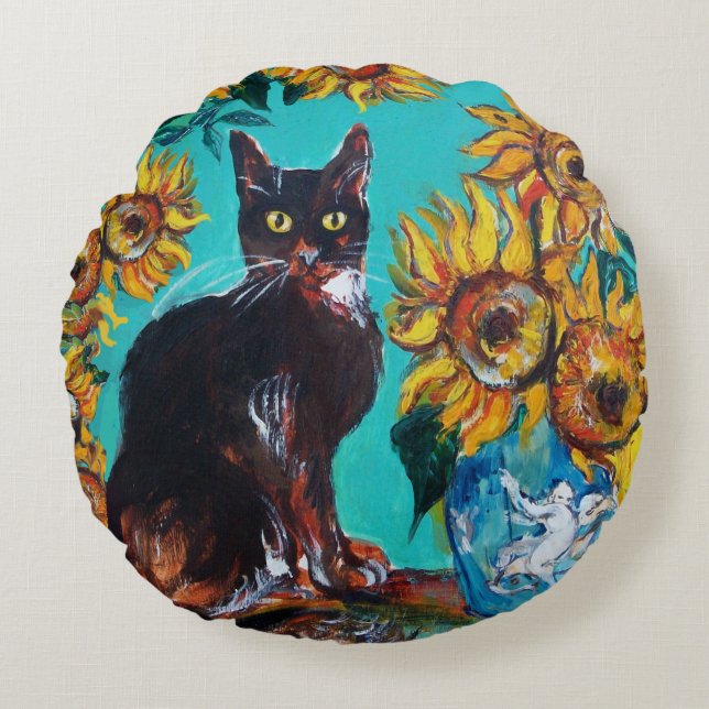 COUSSINS RONDS TOURNESOLS AVEC CHAT NOIR EN TURQUOISE BLEU (Devant)