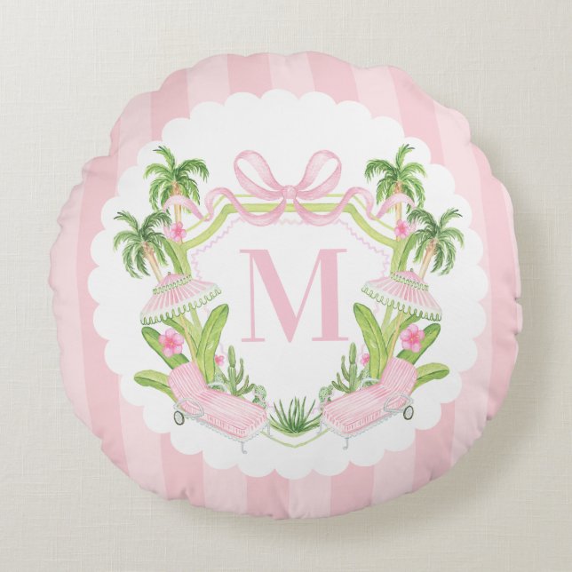 Coussins Ronds Transats Rose Palm Beach Blason Monogramme (Devant)
