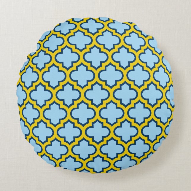 Coussins Ronds Trellis bleu et jaune, treillis, Quatrefoil (Devant)