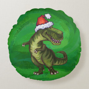 Coussins Ronds TRex à Santa Hat sur Green