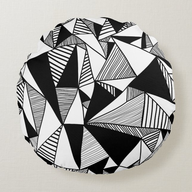 Coussins Ronds Triangles De Mosaïque, Texture Blanc Noir. (Devant)