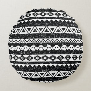 Coussins Ronds Tribal Aztec Paillettes Noires Formes Géométriques