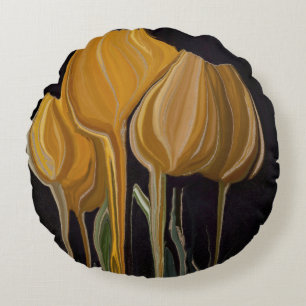 Coussins Ronds Trio de Tulipes Dorées sur Fond Noir