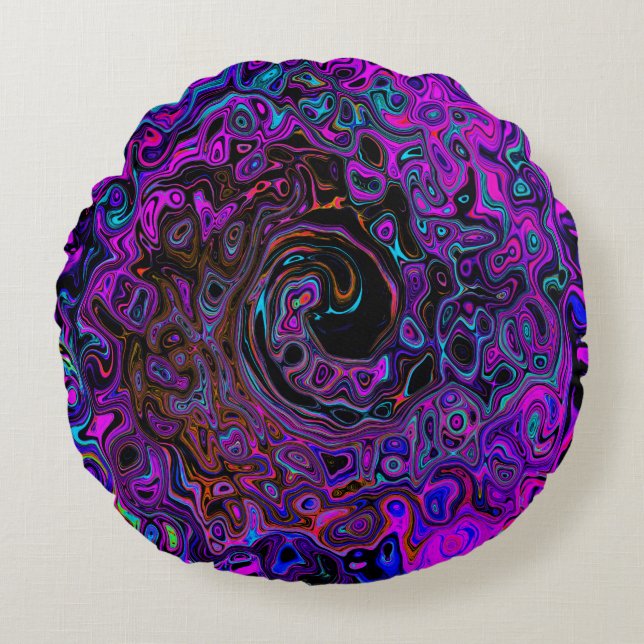 Coussins Ronds Trippy Black et Magenta Retro Liquid Swirl (Devant)