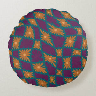 Coussins Ronds Trippy super 60s Flower Checks Orange Rose