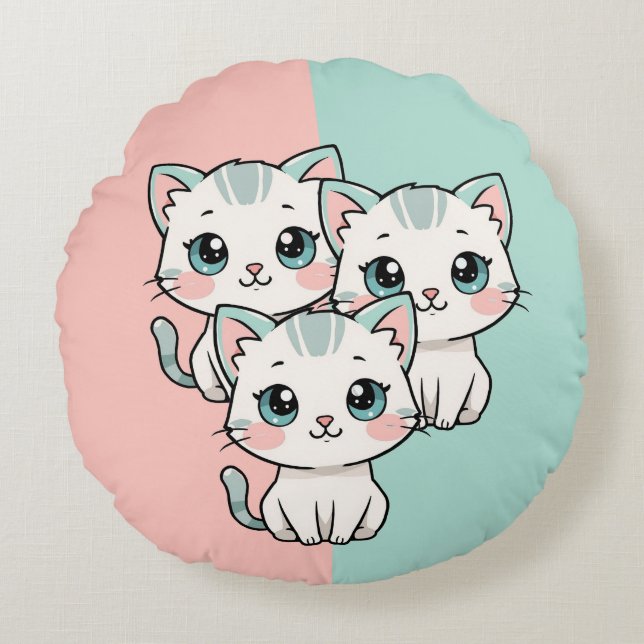 Coussins Ronds Trois chats kawaii mignons (Devant)