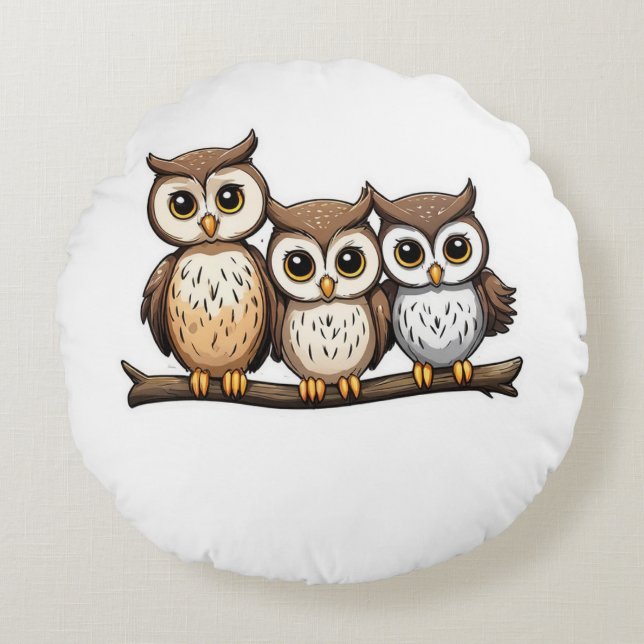 Coussins Ronds Trois chouette petite chouette (Devant)