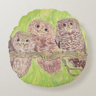 Coussins Ronds Trois Petites Chouettes - peinture acrylique.