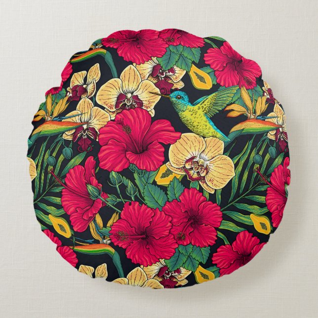 Coussins Ronds Tropical Florals and Hummingbird - Summer Botanica (Devant)